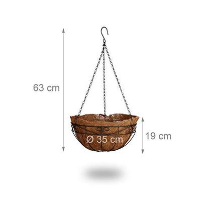 Relaxdays Set of 3 Flower Baskets, Coconut, 33 Litre Volume, with Chain, 35 cm Diameter, as Hanging Planters, Brown, Coco, 35x35x65 cm