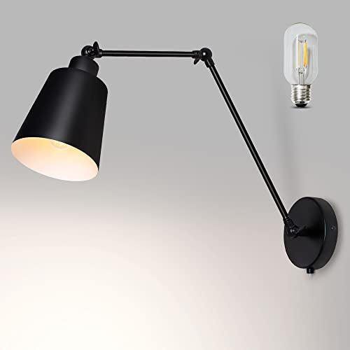 TYhogar Wall Lights Fixtures Vintage Industrial Black Bedside Lamp Night Light E27 Edison Bulbs Wall Sconce Swing Arm Adjustable Wall Lamp for Bedroom
