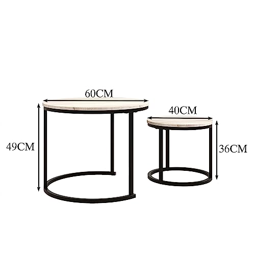 HOJINLINERO Round Coffee Table Nesting Table Set of 2,Small Coffee Table Living Room,Black Metal Frame with Wood Sofa Table,Sturdy and Easy