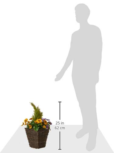 2 x Artificial Rattan Patio Planters with Purple and Yellow Faux Silk Pansies and Conifer/Cedar Topiary ideal for Home, Patio, Garden Outdoor Living