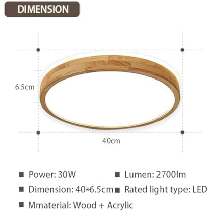 WayLuoung Wood LED Ceiling Light | Ø40cm 3000-6000K 30W | Round Top 360° Glow Natural Wooden Lamp, Bedroom Living Room Children's Room Kitchen Dining Room Home Office (Dimmable with Remote Control)