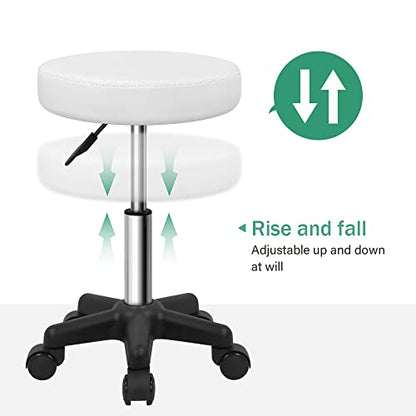 FURWOO Round Rolling Stool with Wheels Height Adjustable Stool Spa Stool for Salon Massage Home Kitchen White