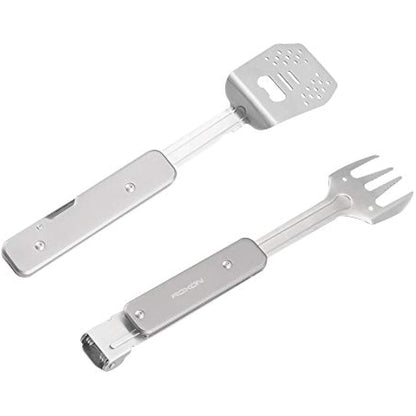 ROXON 4 in 1 Compact Mini BBQ Barbecue Combo Tool Set with Spatula, Fork, Tongs and Bottle Opener for Hiking Camping (Grey)