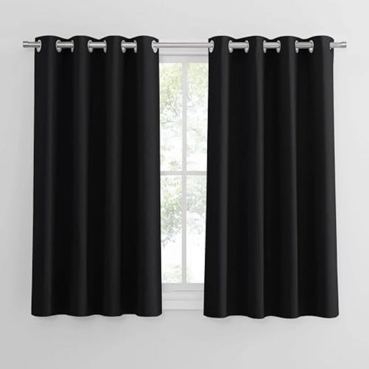 PONY DANCE Black Out Thermal Insulated Curtains 45 Inch Drop for Bedroom Blackout Eyelet Curtains for Bedroom, Kitchen, Short 2 Panels for Room Darkening, W46 X L45, Black