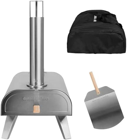 George Foreman Outdoor 12 Inch Wood Pellet Portable Wood Fired Pizza Oven Stainless Steel with Paddle and Carry Bag, BBQ Oven & Smoker, Foldable Legs GFWPPO1SSPC