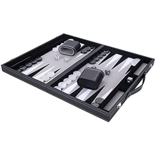 Engelhart - 250509 - Large Luxury Backgammon 18 Inches - 45 cm - Faux Leather & Felt Inlay - Pearl Dice & Chips + 2 Cups - Strategy Game - Pro & Leisure