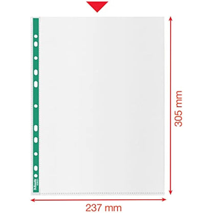 Esselte A4 Punched Pockets, 200 x Poly Pockets, 34 Micron Thickness, Embossed A4 Pockets With Punched Reinforced Green Spine, Ideal For Lever Arch Files & Ring Binders (Pack of 200), 628532