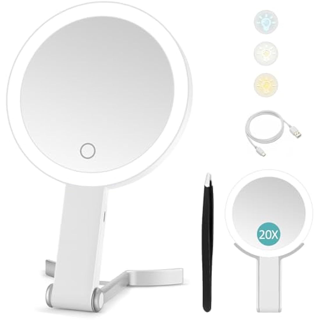 Travel Mirror with Light,Double-sided 20x/1x Magnifying Makeup Vanity Mirror,Rechargeable Adjustable Brightness 3 Colour Lighting,Folding,Handheld/Hangable/Tabletop,3 ways Using Mirror,White