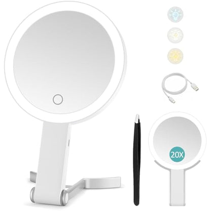 Travel Mirror with Light,Double-sided 20x/1x Magnifying Makeup Vanity Mirror,Rechargeable Adjustable Brightness 3 Colour Lighting,Folding,Handheld/Hangable/Tabletop,3 ways Using Mirror,White