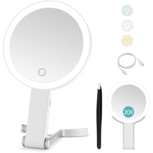 Travel Mirror with Light,Double-sided 20x/1x Magnifying Makeup Vanity Mirror,Rechargeable Adjustable Brightness 3 Colour Lighting,Folding,Handheld/Hangable/Tabletop,3 ways Using Mirror,White