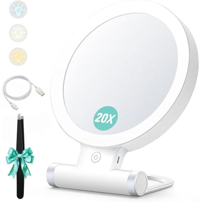 Magnifying Mirror with Light,20X/1X Double Sided Tabletop Portable Lighted Makeup Beauty Mirror, 3 Color Lighting, Dimmable Touch Screen,Cosmetic Mirror with Lights for Makeup/Travel(Gifts for Women)