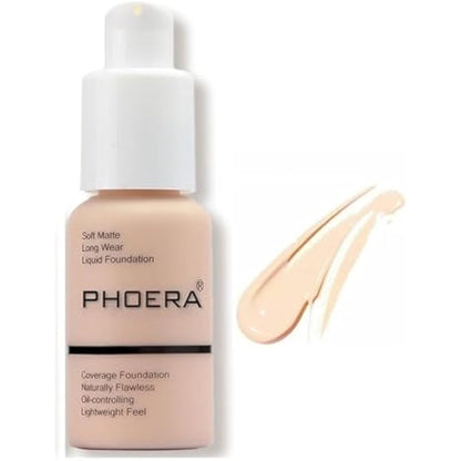 Aquapurity Phoera® Full Coverage Foundation Soft Matte Oil Control Concealer 30ml Flawless Cream Smooth Long Lasting 24HR UK (F101 PORCELAIN)