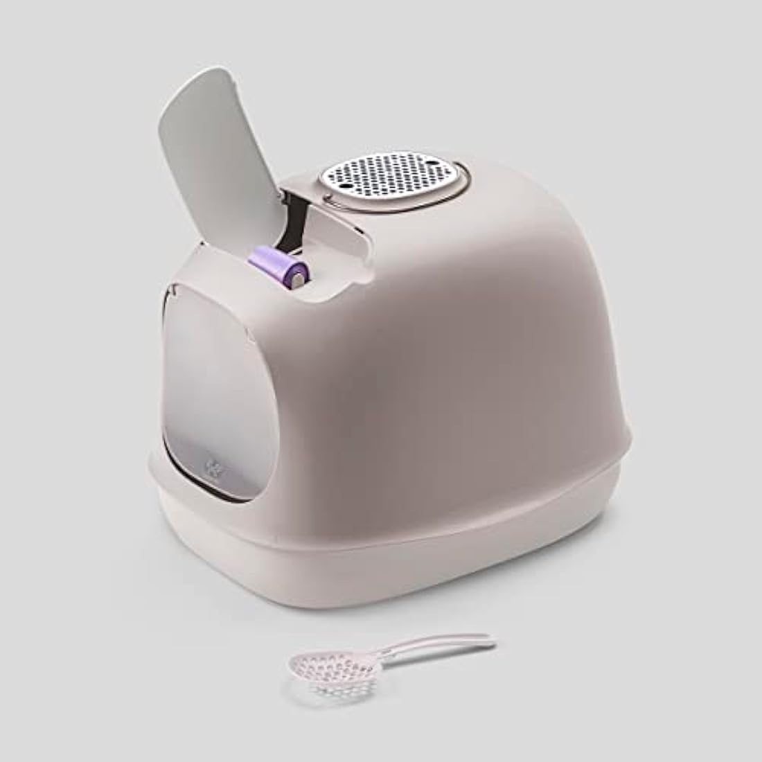 UNITED PETS Minù Katzentoilette/Katzentoilette, Design, Made in Italy, with Schaufel and Filter, White with Taupe-Grey Accent, Closed Hygienic Cat Litter Box