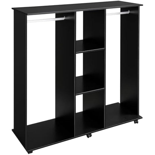 HOMCOM Double Open Wardrobe on Wheels, Bedroom Wardrobe with Clothes Hanging Rails, 3 Storage Shelves, Mobile Garment Rack for Cloakroom, Hallway, Black