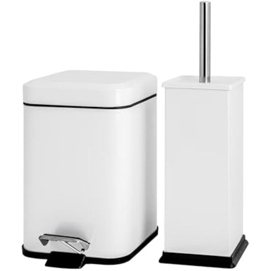 Harbour Housewares Bathroom Bin & Brush Set - White - 2pc Square Stainless Steel Pedal Bin & Toilet Brush Set Slim Small Trashcan for Kitchen Waste, Bathroom Rubbish
