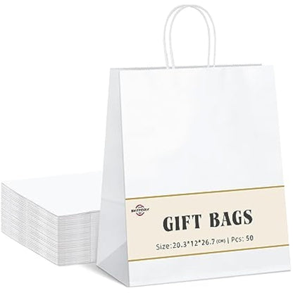 Switory 50pcs White Paper Bags, Kraft Gift Bag 8x4.75x10.5 Inch, Party Bag with Handles for Party Favor, Thanksgiving, Christmas, Wedding, Birthday