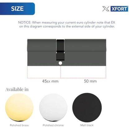 XFORT® Chrome 45/50 Euro Cylinder Lock (95mm), Euro Door Barrel Lock with 3 Keys, Anti-Bump, Anti-Drill and Anti-Pick Door Lock with Key to Ensure High Security for Wooden, UPVC and Composite Doors.