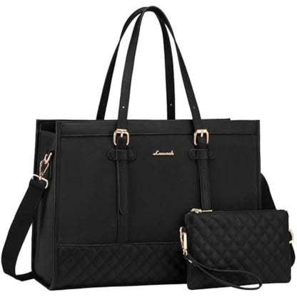 LOVEVOOK Laptop Bags for Women 15.6 Inch, Ladies Handbags for Work Business, Womens Large Tote Bag, Leather Shoulder Bag with Clutch Lightweight for Office Business School College Shopping, Black
