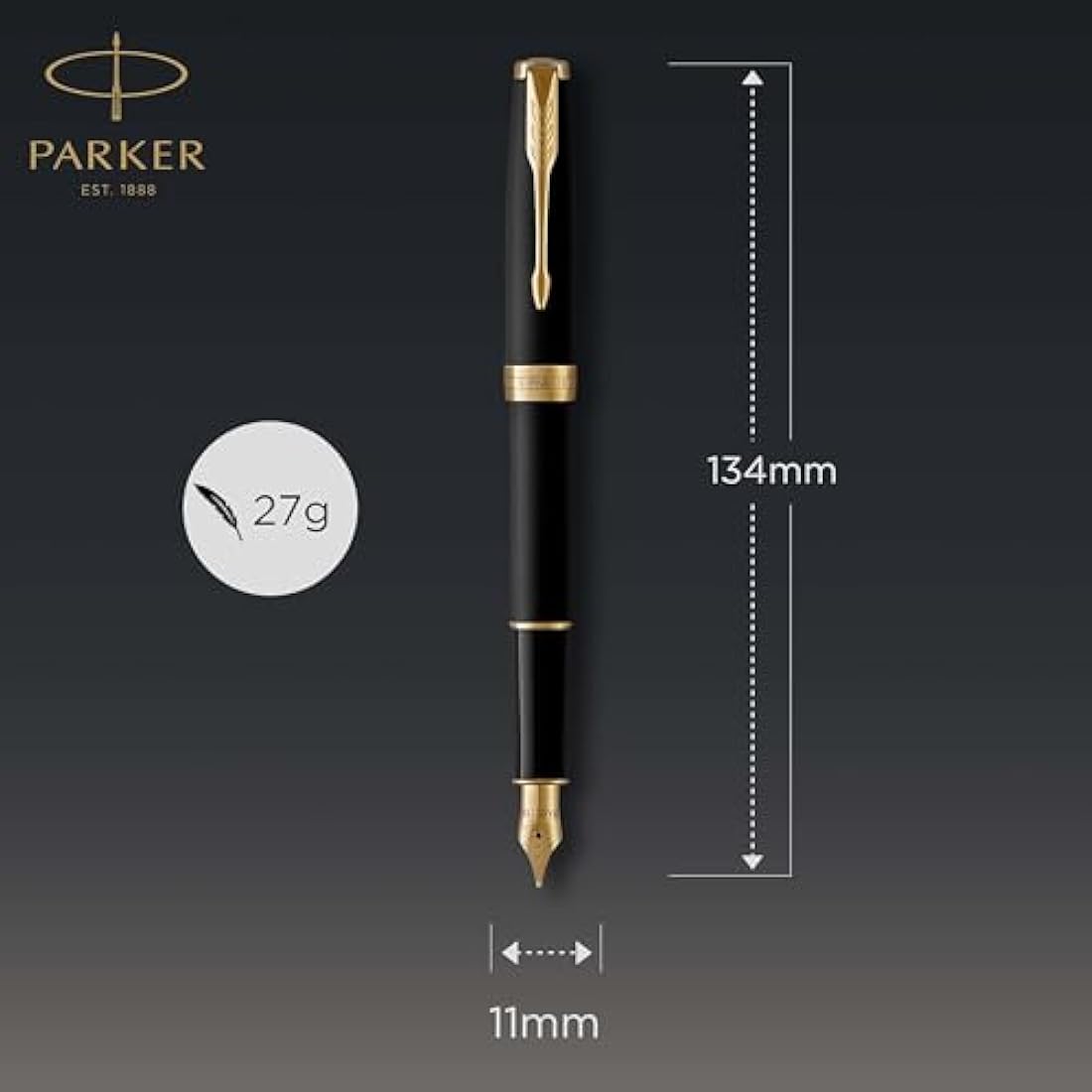 Parker Sonnet Fountain Pen | Matte Black Lacquer with Gold Trim | Medium Nib | Gift Box