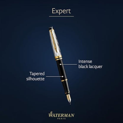 Waterman Expert Fountain Pen | Metal & Black Lacquer with Gold trim & Chiselled cap | Stainless steel Medium Nib | Blue Ink | Gift Box