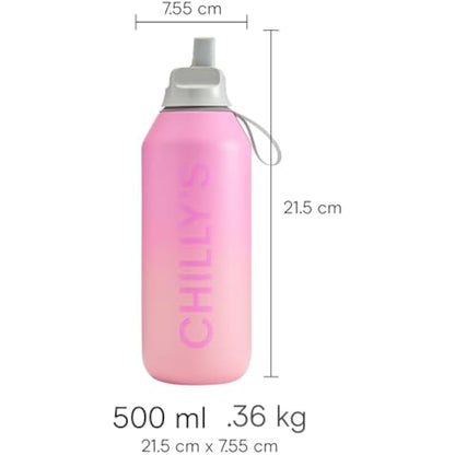 Chilly's Series 2 Flip Water Bottle with Sports Lid, Telescopic Straw and Nylon Carry Loop - Easy Flip Lid, Straw Cleaning Brush Included