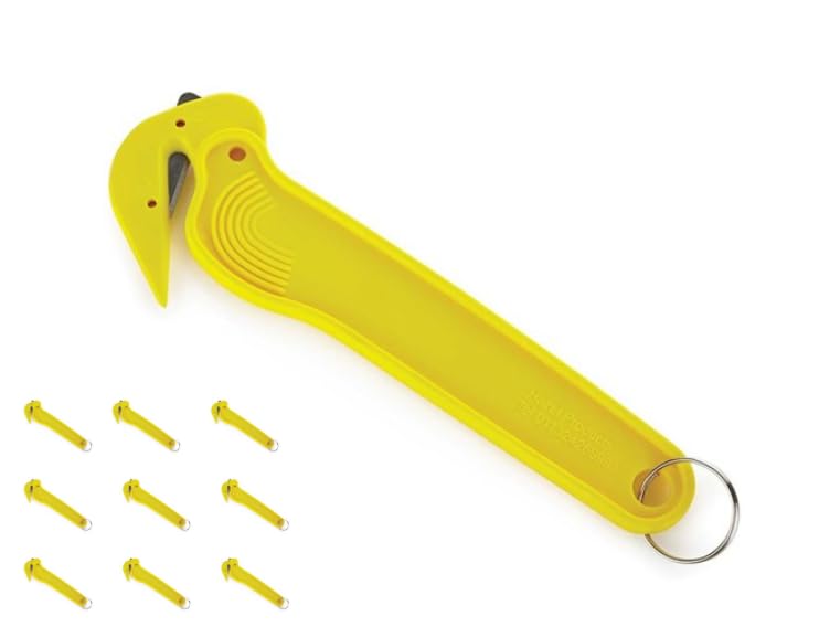 Set of 10 Yellow Hook Knife Film/Tape/Strapping Cutter (No Exposed Blade) Disposable Film Splitters, Box Cutter, Safety Knife