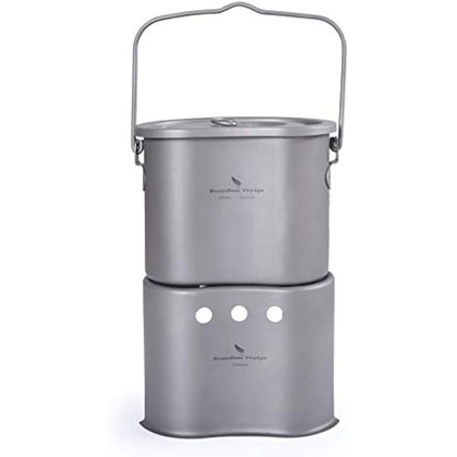 Boundless Voyage Titanium Wood Burning Stove Portable Caming Stove with Camping Pot 2 in 1 Ultralight Cooking Burner with Mesh Bag Ti1513B