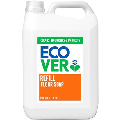 Ecover Floor Soap Refill, Multi-Surface Floor Soap For A Bright Finish, Orange and Lemon Scent, Pack of 1, 1 x 5L