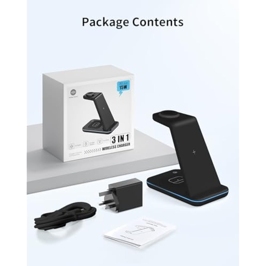 GEEKERA Wireless Charger, 3 in 1 Charging Station for iPhone 16/15/14/13/12/11/Pro Max/XS/XR/8, Charger Stand for Apple Watch 10/Ultra/9/8/7/6/5/4/3/2/SE, Docking Station for AirPods 4/Pro/3/2-Black