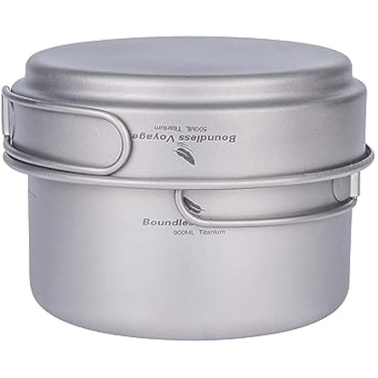 iBasingo Titanium Pot Pan Set Camping Cookware Ultralight Outdoor Backpacking Cooking Set with Folding Handle