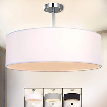 SPARKSOR Ceiling Light, Modern Fabric Pendant Light Shade, Large White Drum Lampshade, Round Pendant Lamp, for Bedroom Living Room, Flush Chrome Matt, 3 Bulb, E27