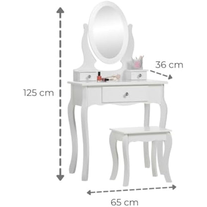 Runesol Girls Dressing Table (Age 8-13yrs) with Mirror and Stool, Children's White Wooden Make up Dresser, Kids Vanity Table, Childs Dressing table, Dressing Table Set for a Kid
