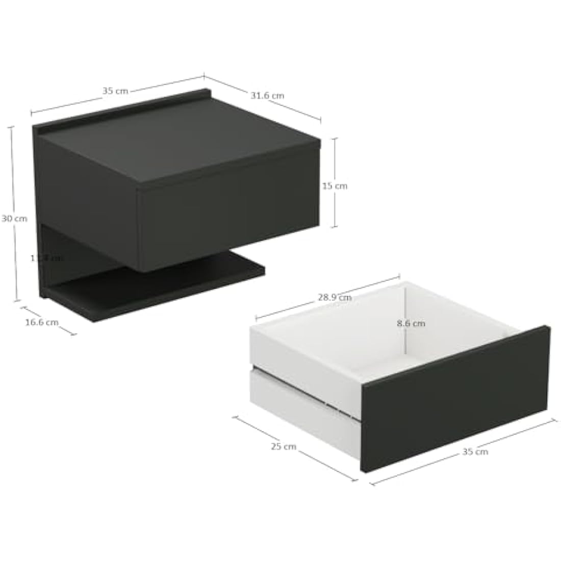 ComfortCove Wall Bedside Tables, Bedside Drawers with Storage Shelf, Hanging Bedside Cabinet, Slim End Wall Table with Storage Shelf, Black. Size: W35 x H30 x D31,6 cm