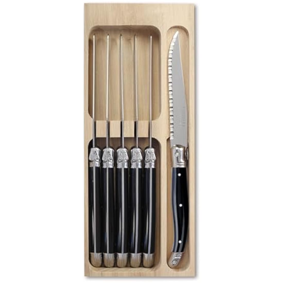 Laguiole 6 x Steak Knifes | Black Colour | Knifes Set In wooden Tray | Made In France
