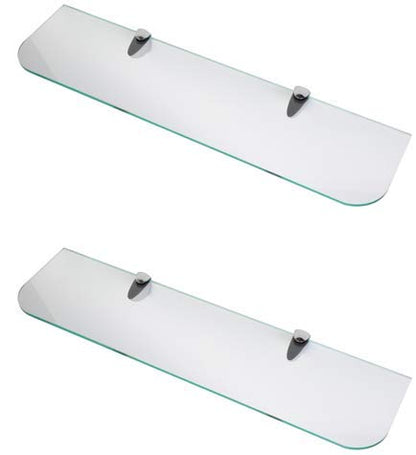 6mm Thick Toughened Glass Shelves With Curved Corners and Large Chrome Finish Shelf Supports 600mm (24” approx) and 500mm (20” approx) Black