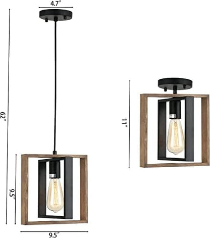 Industrial Small Pendant Lighting, Farmhouse Kitchen Island Hanging Lamp with Cord, Wood+Metal,1 Light E27 Fixture for Dining Room Bedroom Hallway Entryway,24 CM