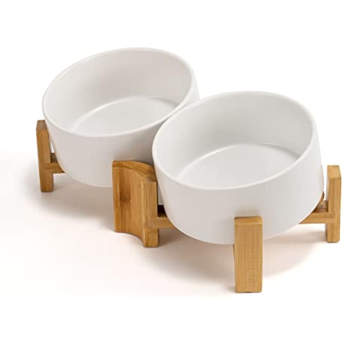 SPUNKYJUNKY 15° Slanted Ceramic Dog and Cat Bowl with Wooden Stand, Tilted Bulldog Food and Water Bowl No Slip Non-Spill for Cats Medium Dogs Flat Face Pets (850ml, White × 2)