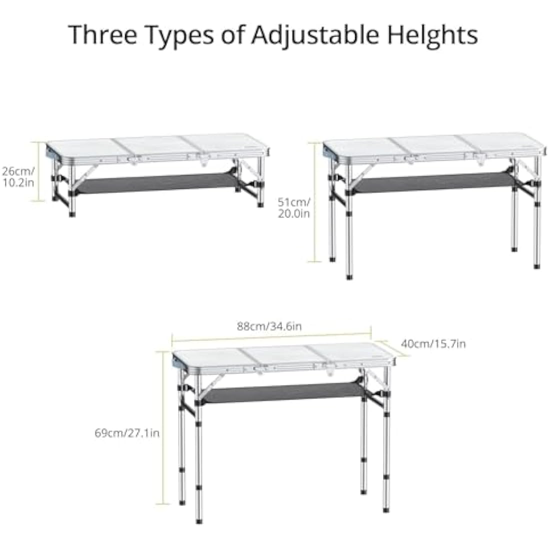Anbte Folding Camping Table, 88 cm x 40 cm Aluminum Folding Table 3 Adjustable Height, Camping Table with Storage Net and Bag, Portable Table for Outdoor, Backyard, Picnic, Garden, BBQ, Silver