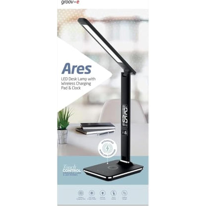 groov e Ares LED Lamp - Touch Control Desk Light with Fold Design - 3 Lighting Modes, Built-in Wireless Charger, Alarm Clock, & Digital Display with Time & Calender - Mains Operated - Black