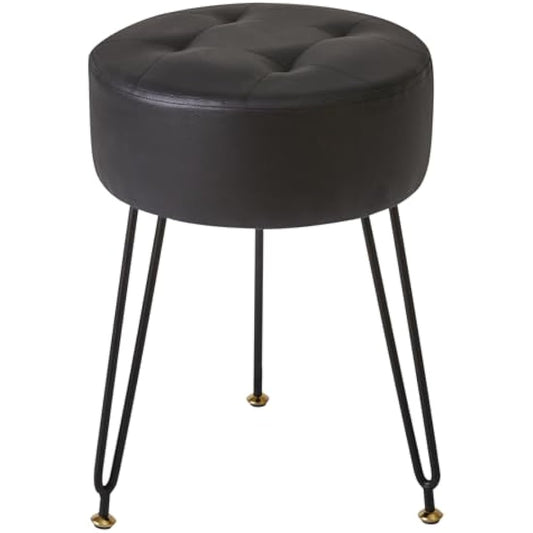 IBUYKE Faux Leather Round Footrest Stool, Makeup Vanity Stool Side Table, PU Dressing Table Seat, Pouf Couch Stool, Golden Steel Legs, Black L/G-31B