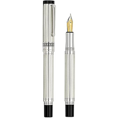 Xezo Tribune 925 Sterling Silver Medium Nib Fountain Pen. Platinum Plated. Hand Guilloche Engraved and Serialized