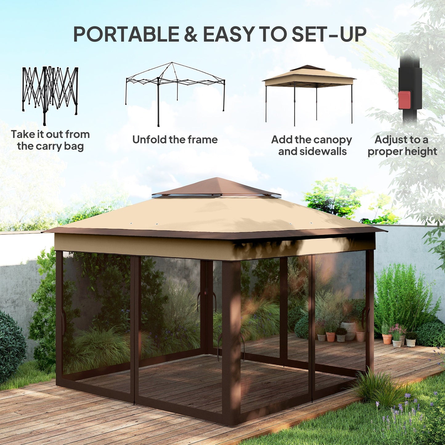 Outsunny 3 x 3(m) Pop Up Gazebo with Netting and Carrying Bag, Party Tent Instant Event Shelter, Height and UV-Resistant,, Beige