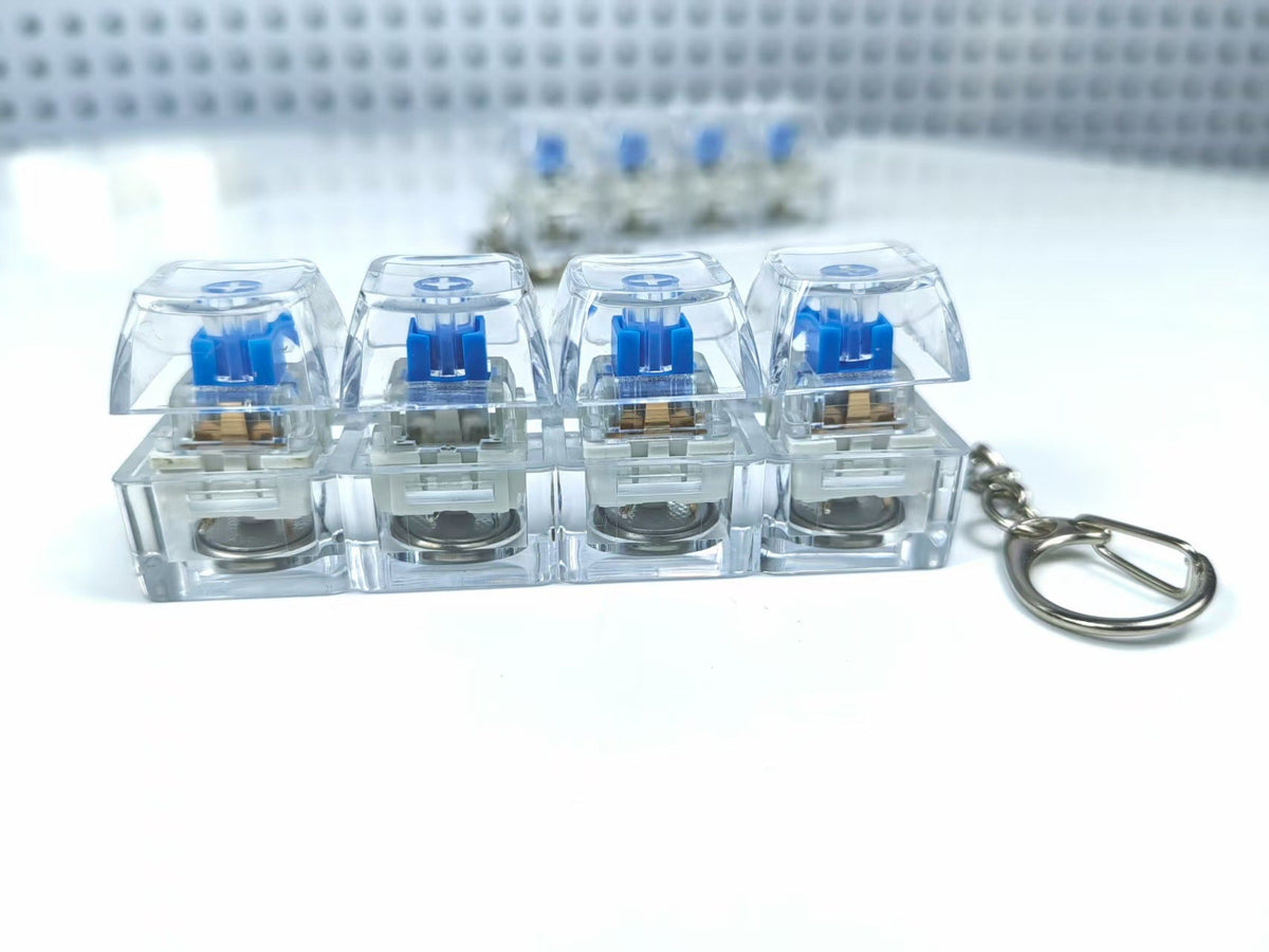 4Keys Mechanical Keyboard Electronic Luminous Transparent Crystal Height Pressure Reduction Finger Button Anti Stress Keycap Toy Schoolbag Pendant Keychain Decompression Clicker Gadget Gift
