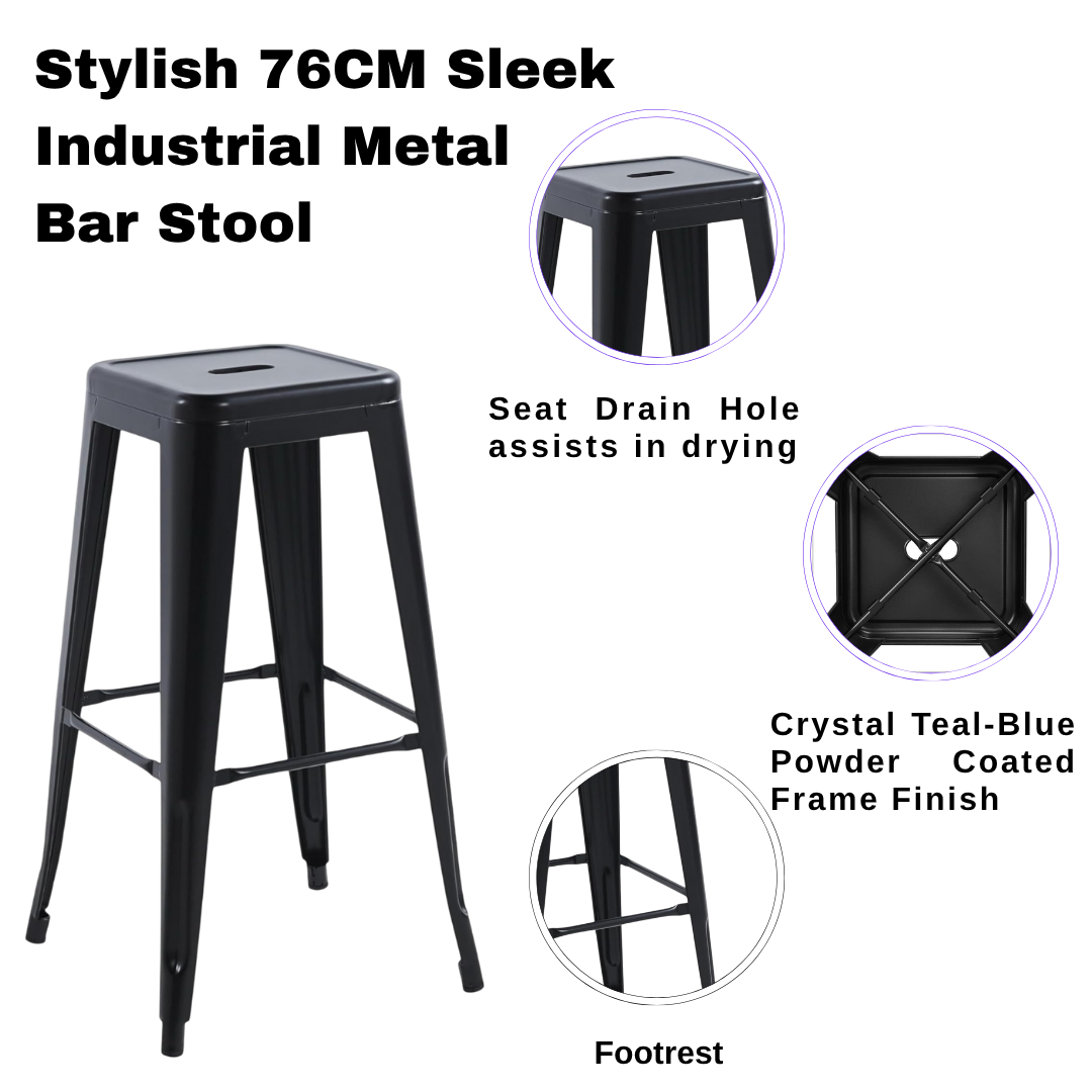 Modern and Contemporary 76CM Sleek Industrial Metal Bar Stool – Durable Sturdy Steel Frame with Comfortable Seat for Kitchen Islands, Home Bars, Cafes, and Restaurants (Black)