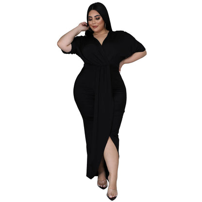 Women's Fashion Plus-Size Irregular Long-Sleeve V-Neck Dress