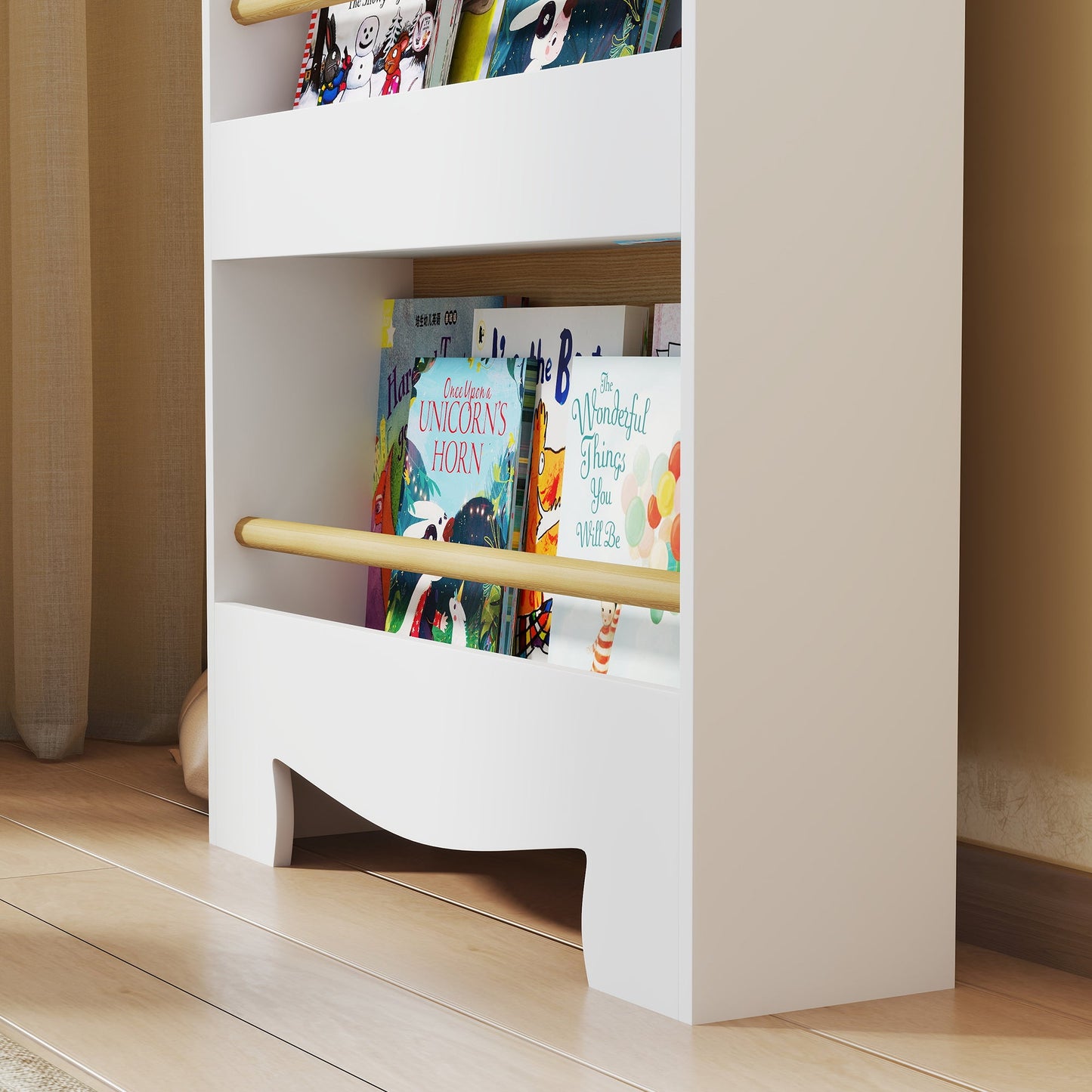 AIYAPLAY Kids Bookshelf, 3 Tier Children Bookcase, Bear Theme Toddler Space-Saving Bookcase for Living Room, White