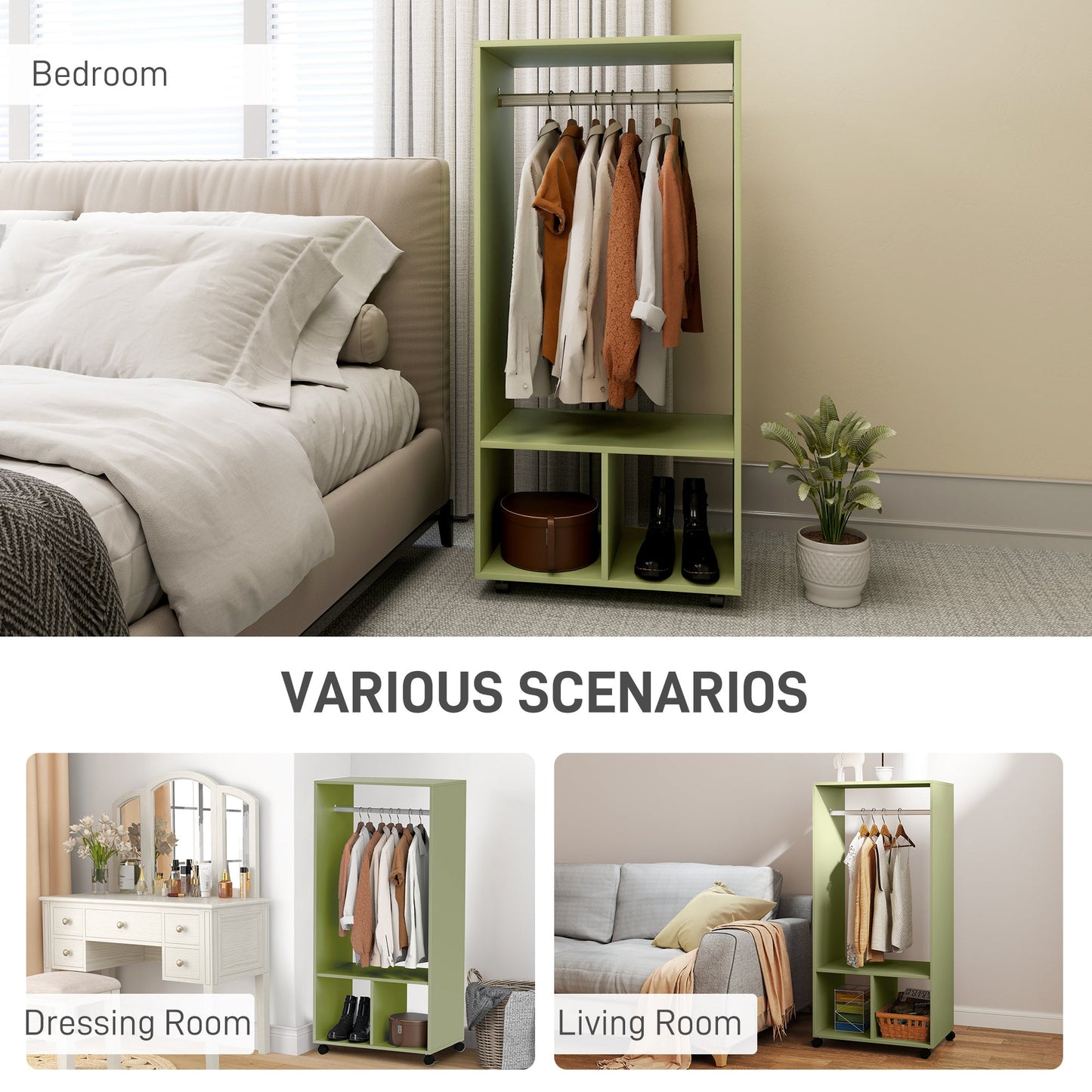 HOMCOM Open Wardrobe on Wheels, Bedroom Wardrobe with Clothes Hanging Rail, 2 Storage Shelves, Mobile Garment Rack for Cloakroom, Hallway, Green