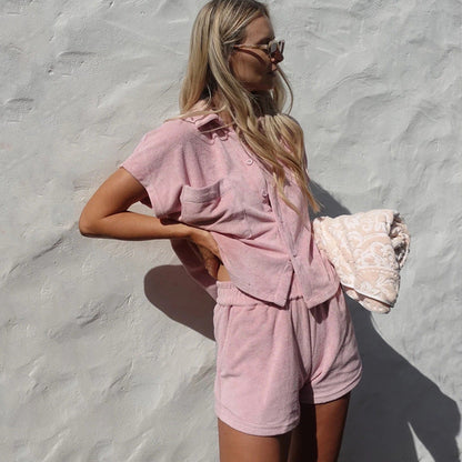 Women's Solid-Colored Single-Breasted Loose-Fitting  Fashionable Casual Homewear Set
