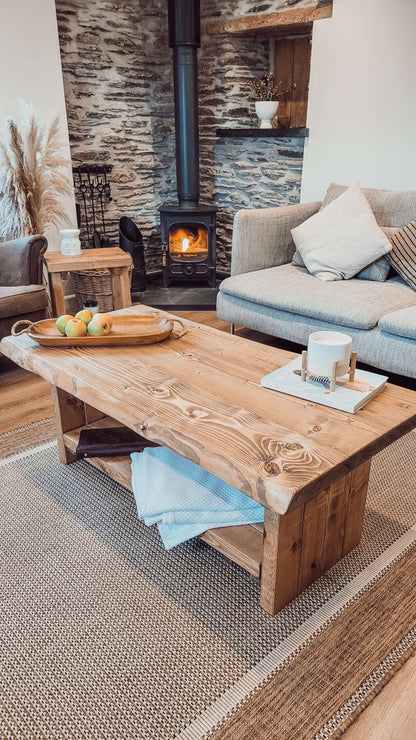 LORIE Chunky Live / Waney Edge Coffee Table With Shelf