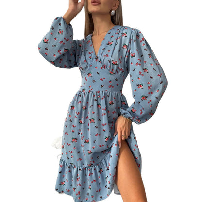 Printed Crimp V-neck Long Dress Women